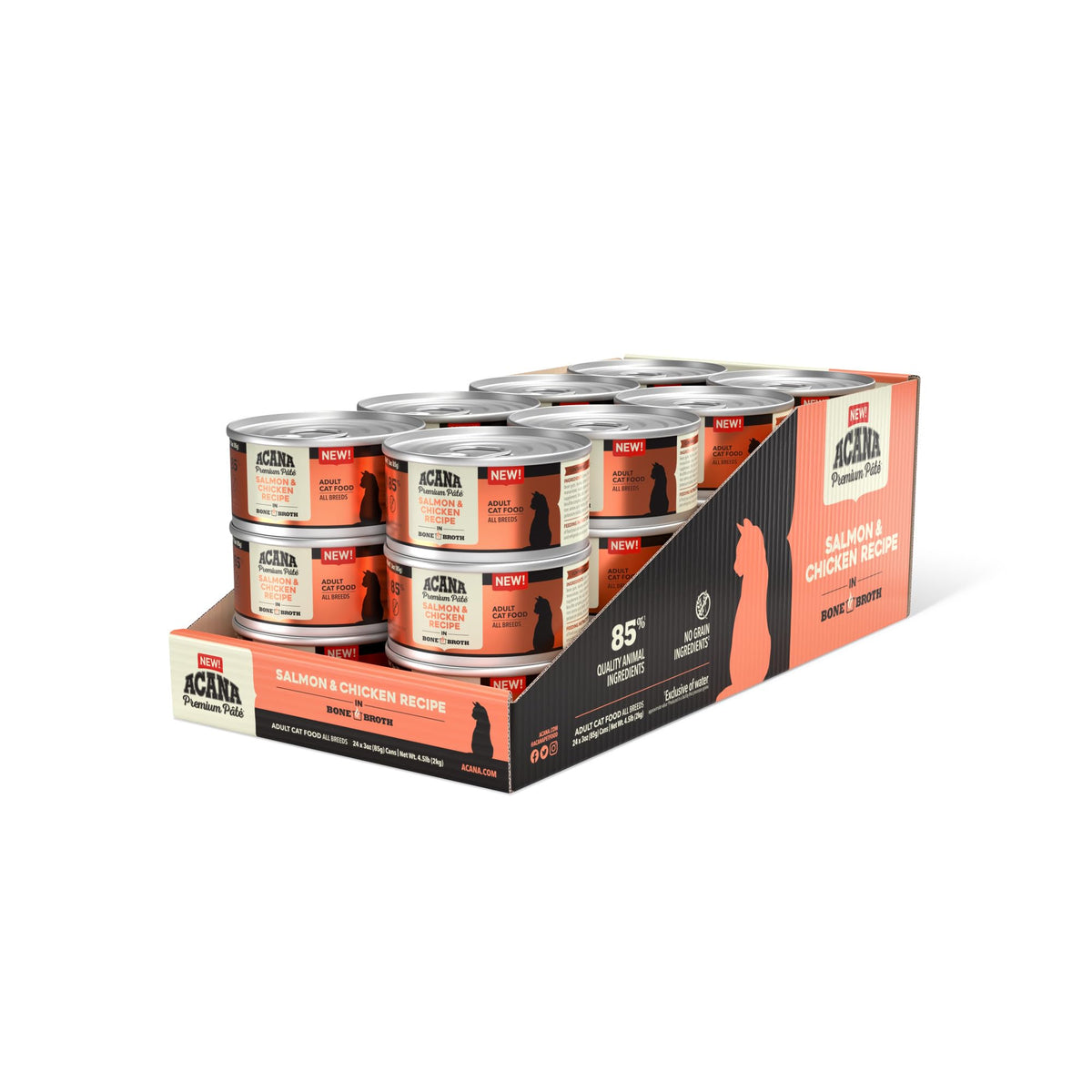 ACANA Premium PATE Salmon and Chicken in Bone Broth can front view for hydration and flavor.