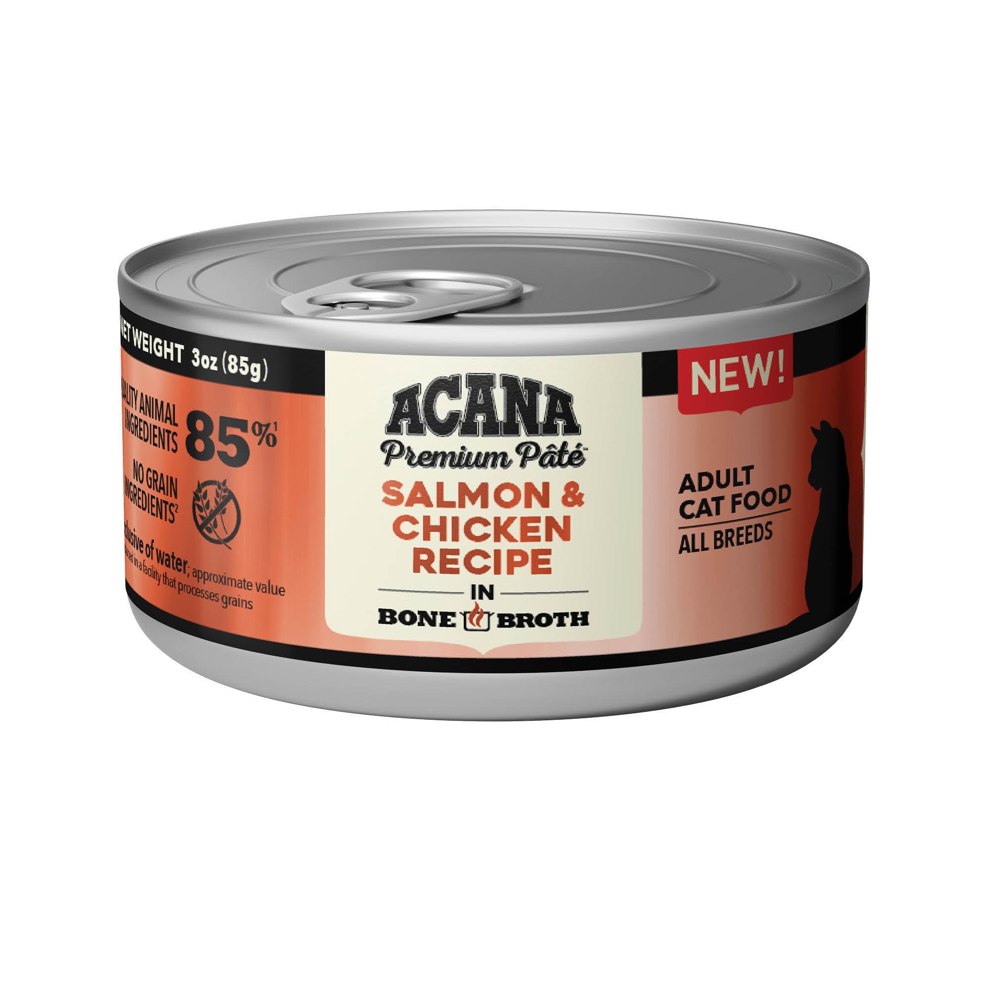 ACANA Premium PATE close-up reveals raw salmon and chicken for quality protein.