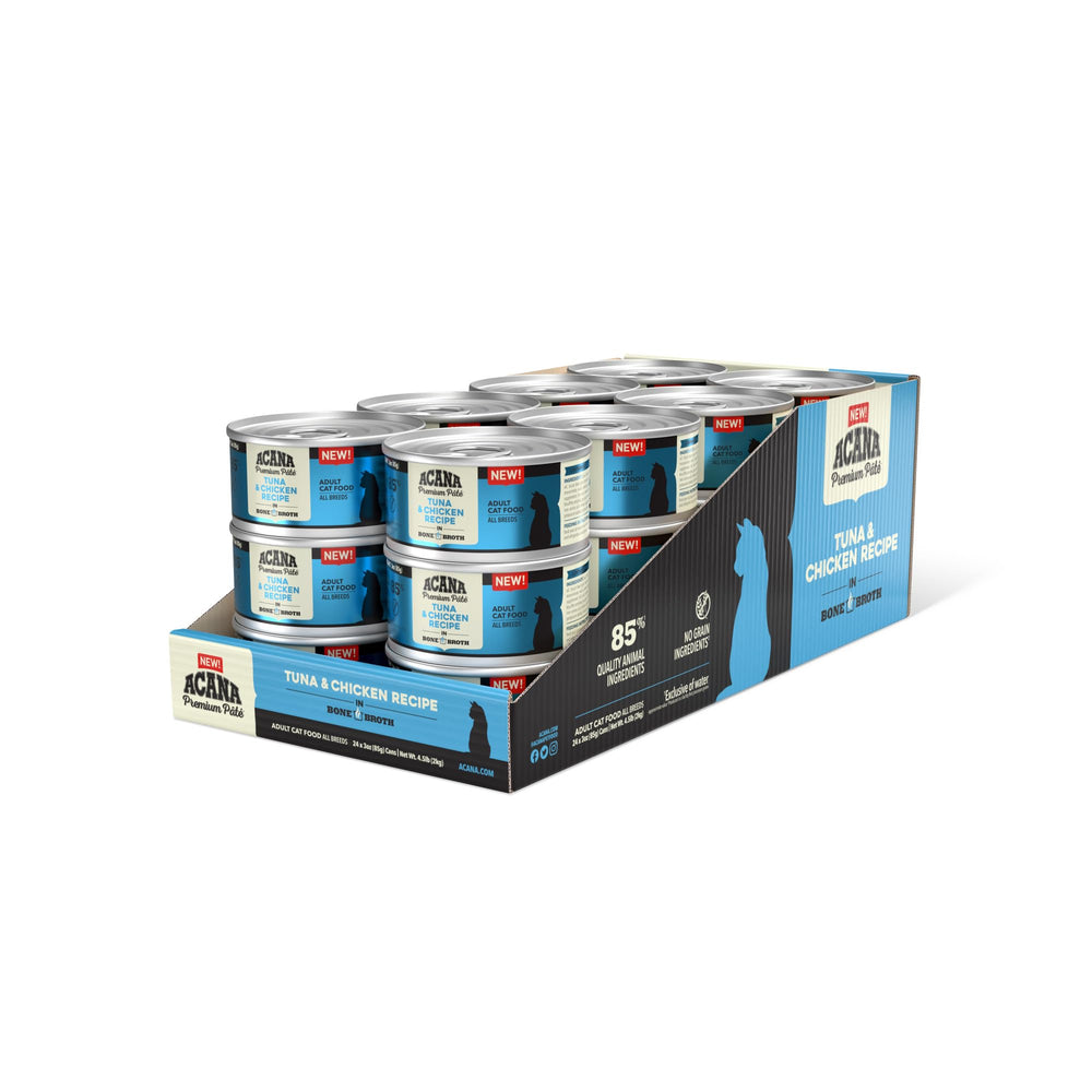 ACANA Premium Pate tuna and chicken in bone broth can shows protein-rich serving