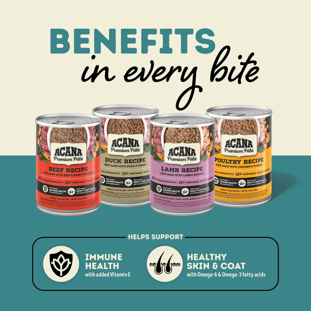 ACANA Premium Pâté variety pack label showcases beef and poultry options