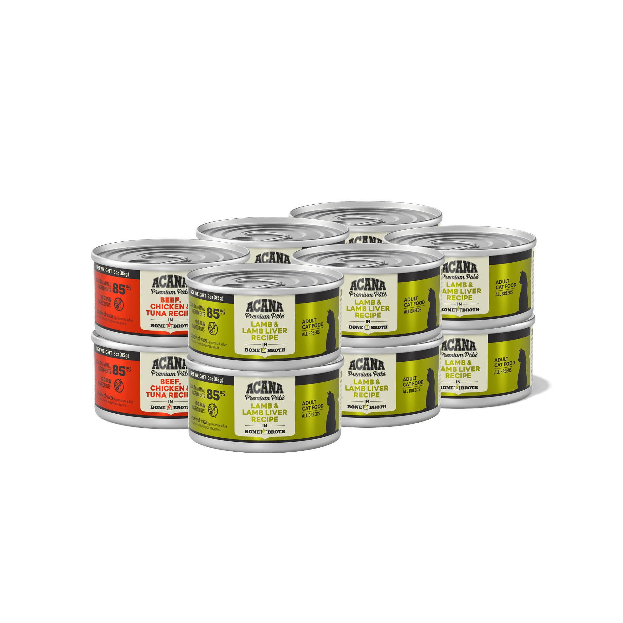 ACANA pâté cans show Chicken & Fish and Beef, Chicken & Tuna flavors for variety.