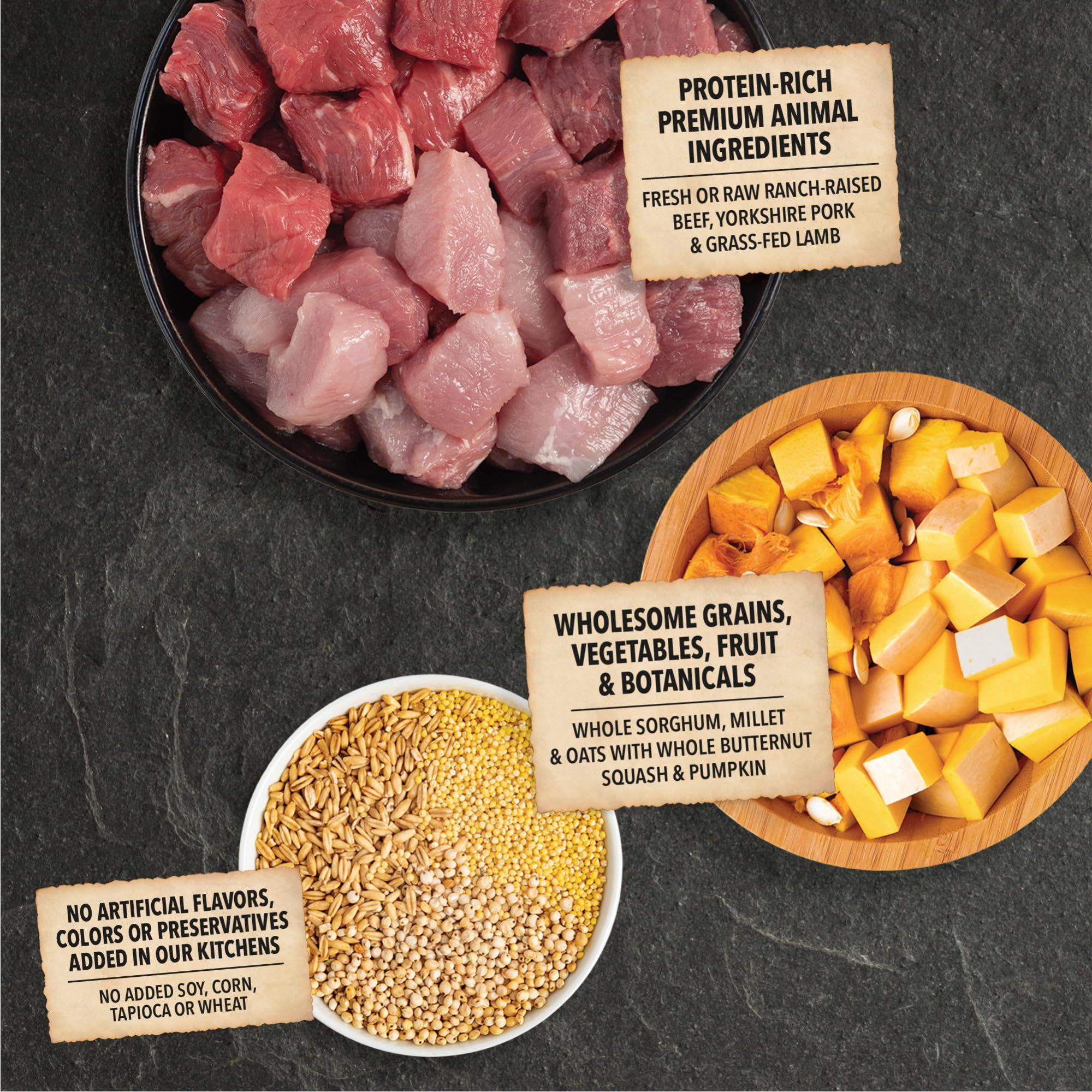 ACANA protein mix with beef, pork, and lamb closeup of ingredients