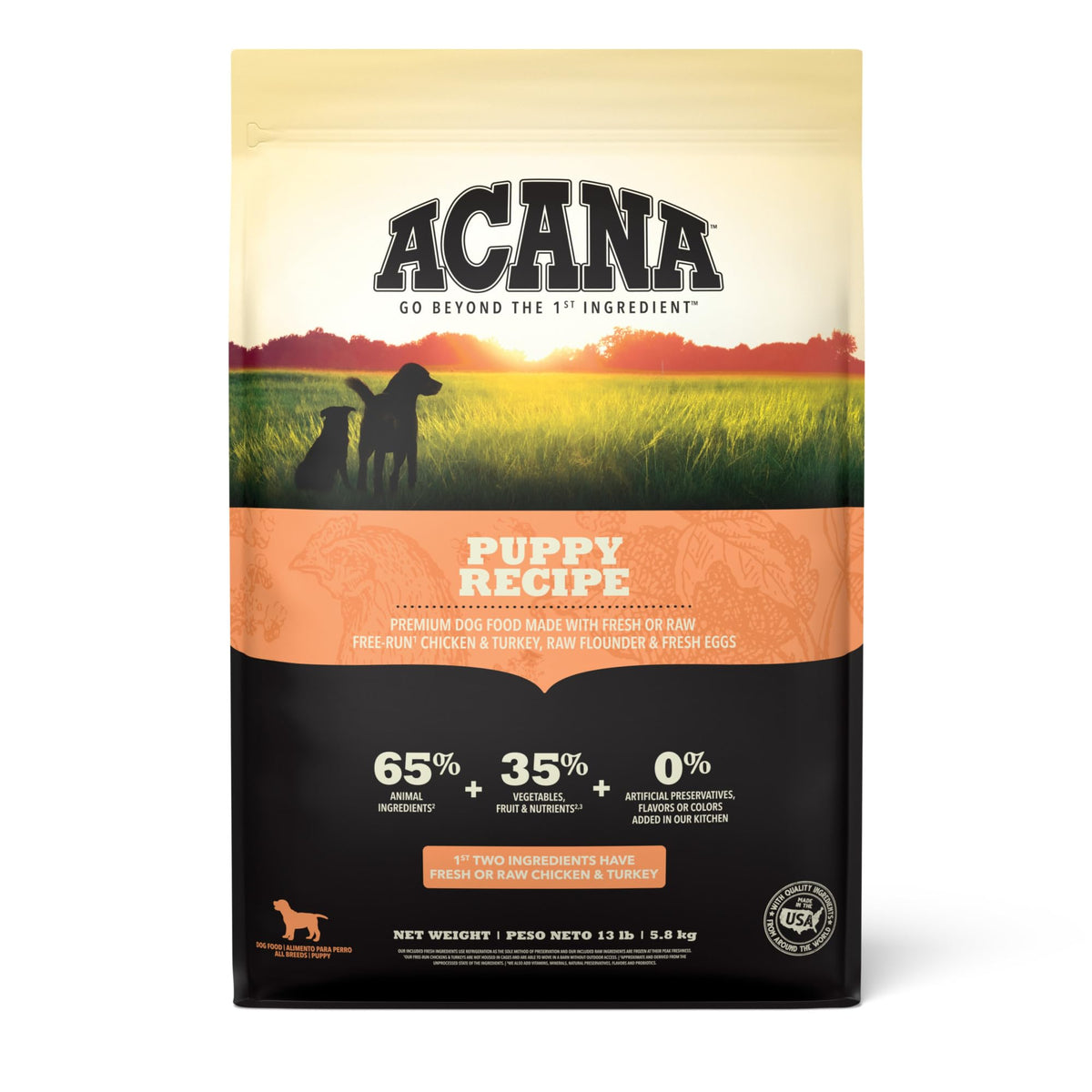 ACANA Grain Free Puppy Recipe 13lb bag front showing grain-free puppy nutrition