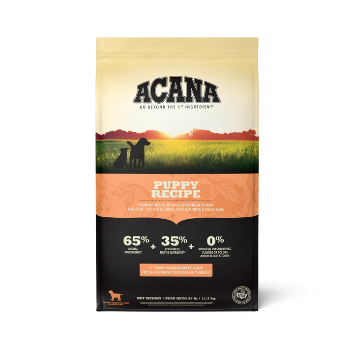 ACANA Puppy Recipe 25lb bag highlighting grain-free nutrition for puppies.