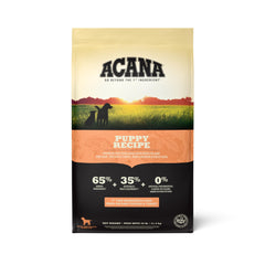 ACANA Puppy Recipe 25lb bag highlighting grain-free nutrition for puppies.