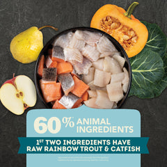 ACANA raw freshwater drum pieces spotlight diverse protein sources for dogs.