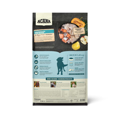 ACANA raw rainbow trout pieces highlight protein-rich ingredients for dogs.