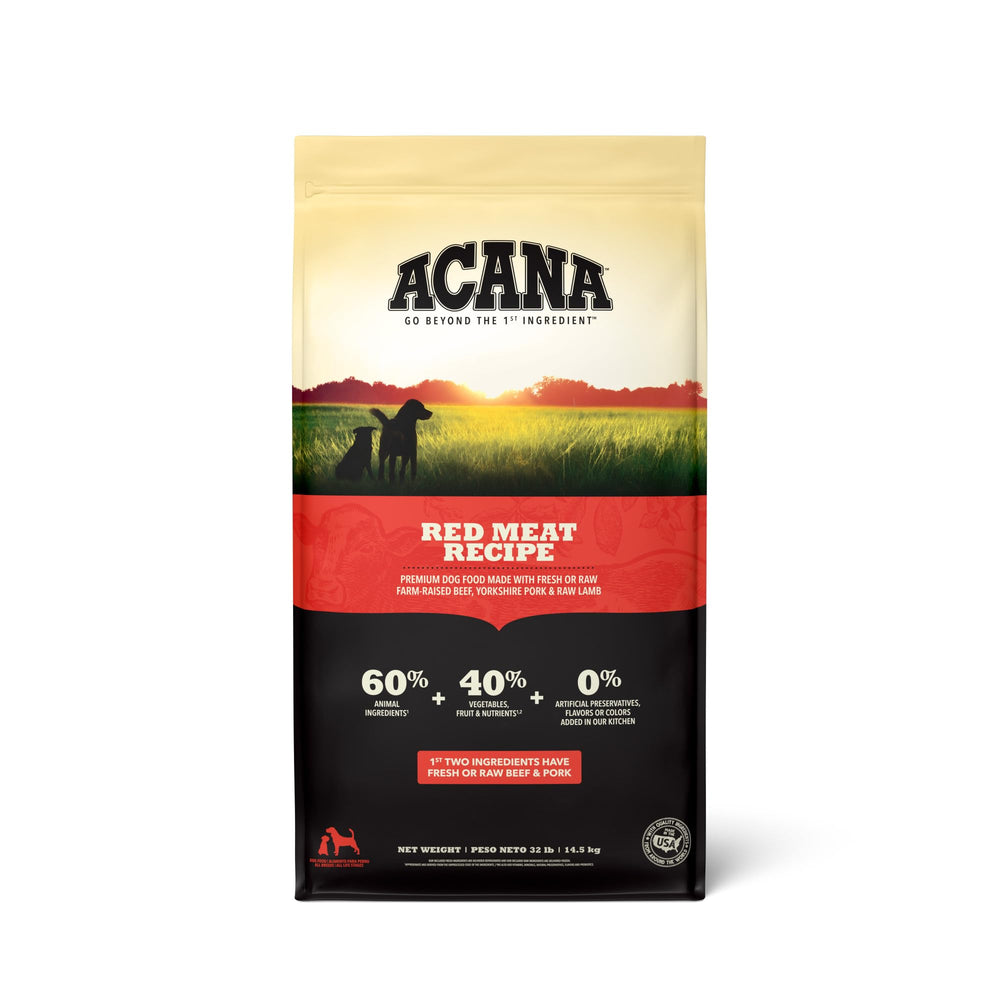ACANA Red Meat Recipe dry dog food bag showing premium ingredients for balanced meals