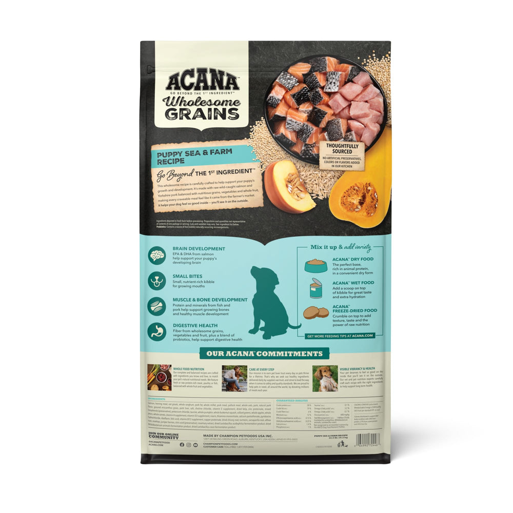 ACANA Salmon and Yorkshire pork pieces highlight high-protein ingredients for growing puppies.