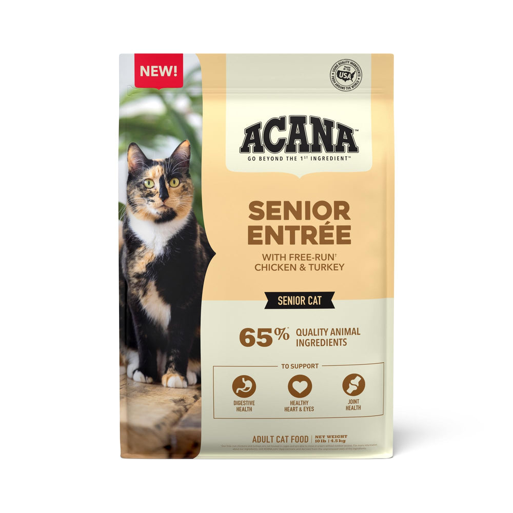ACANA Senior Entrée 10lb bag with free-run chicken and turkey for senior cats, digestive health focus