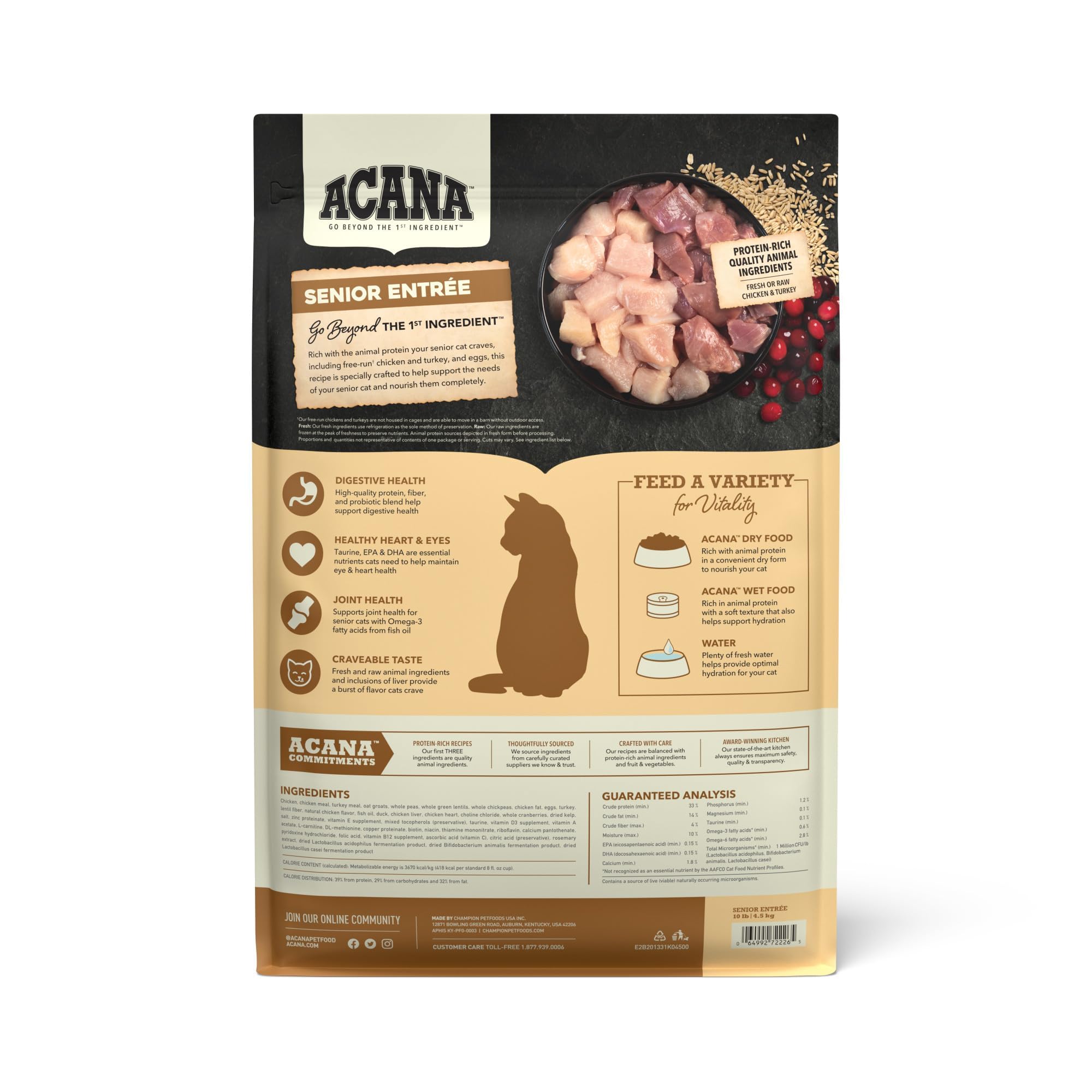 ACANA Senior Entrée grain-free dry cat food in a bowl showing kibble texture