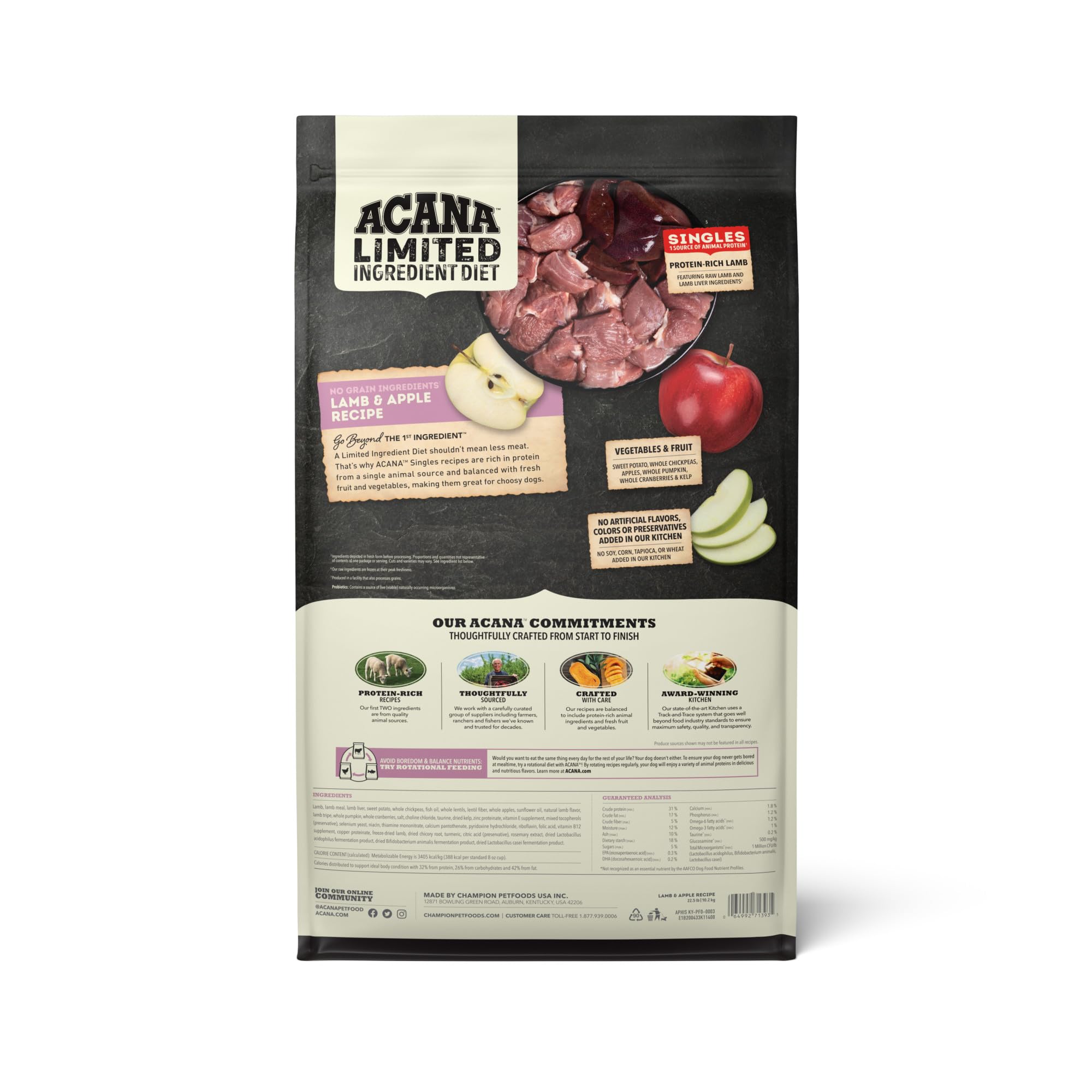 Visual emphasizing 65 percent animal ingredients for active dogs in ACANA Singles