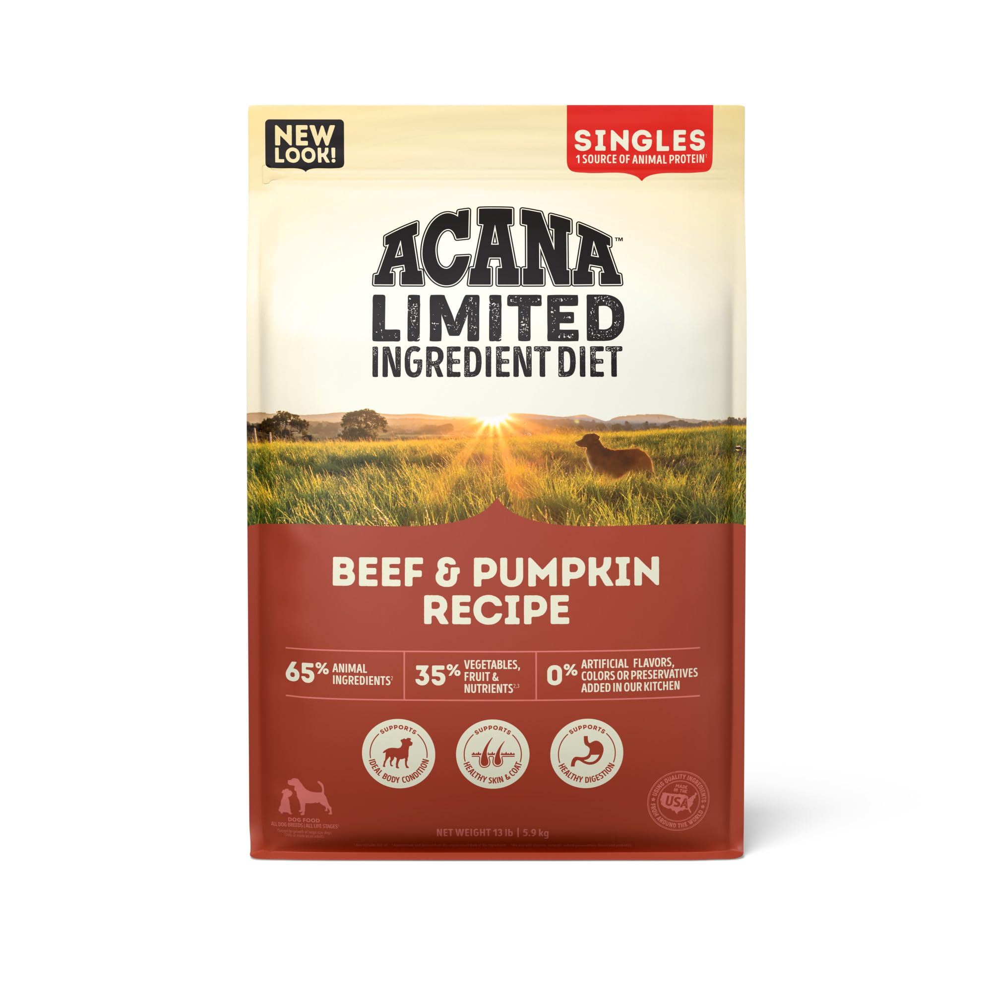 ACANA Singles Beef and Pumpkin 13 lb bag, all life stages, grain-free nutrition.