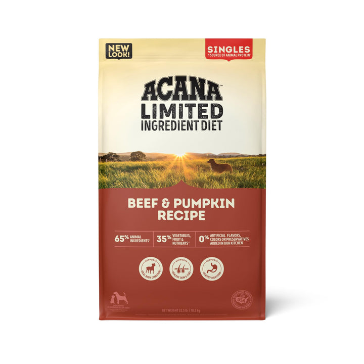 ACANA Singles Beef & Pumpkin dry dog food bag front shows premium high-protein formula.