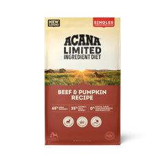 ACANA Singles Beef & Pumpkin dry dog food bag front shows premium high-protein formula.