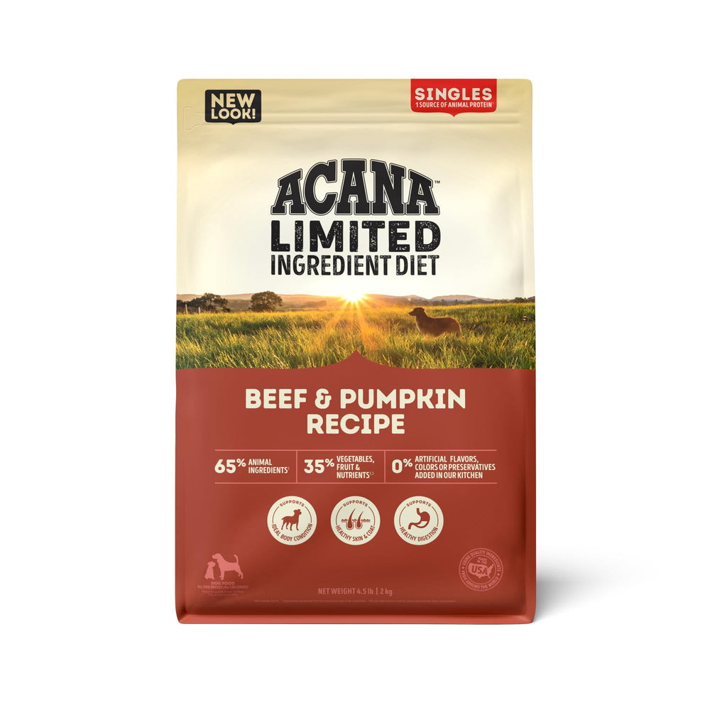 ACANA Singles Beef & Pumpkin dry dog food bag highlights high-protein nutrition for active dogs.