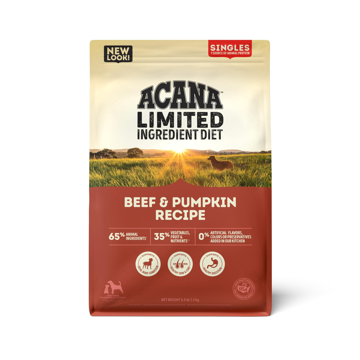 ACANA Singles Beef & Pumpkin dry dog food bag highlights high-protein nutrition for active dogs.