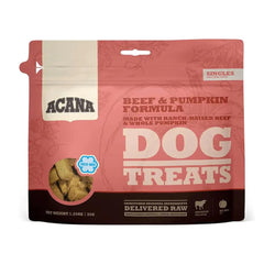 ACANA Singles Beef & Pumpkin freeze-dried dog treat bag ideal for training rewards and protein-rich snacking.