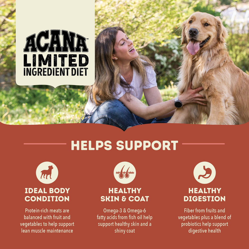 ACANA Singles Beef and Pumpkin ingredients label emphasizes a single-protein recipe with beef and pumpkin.