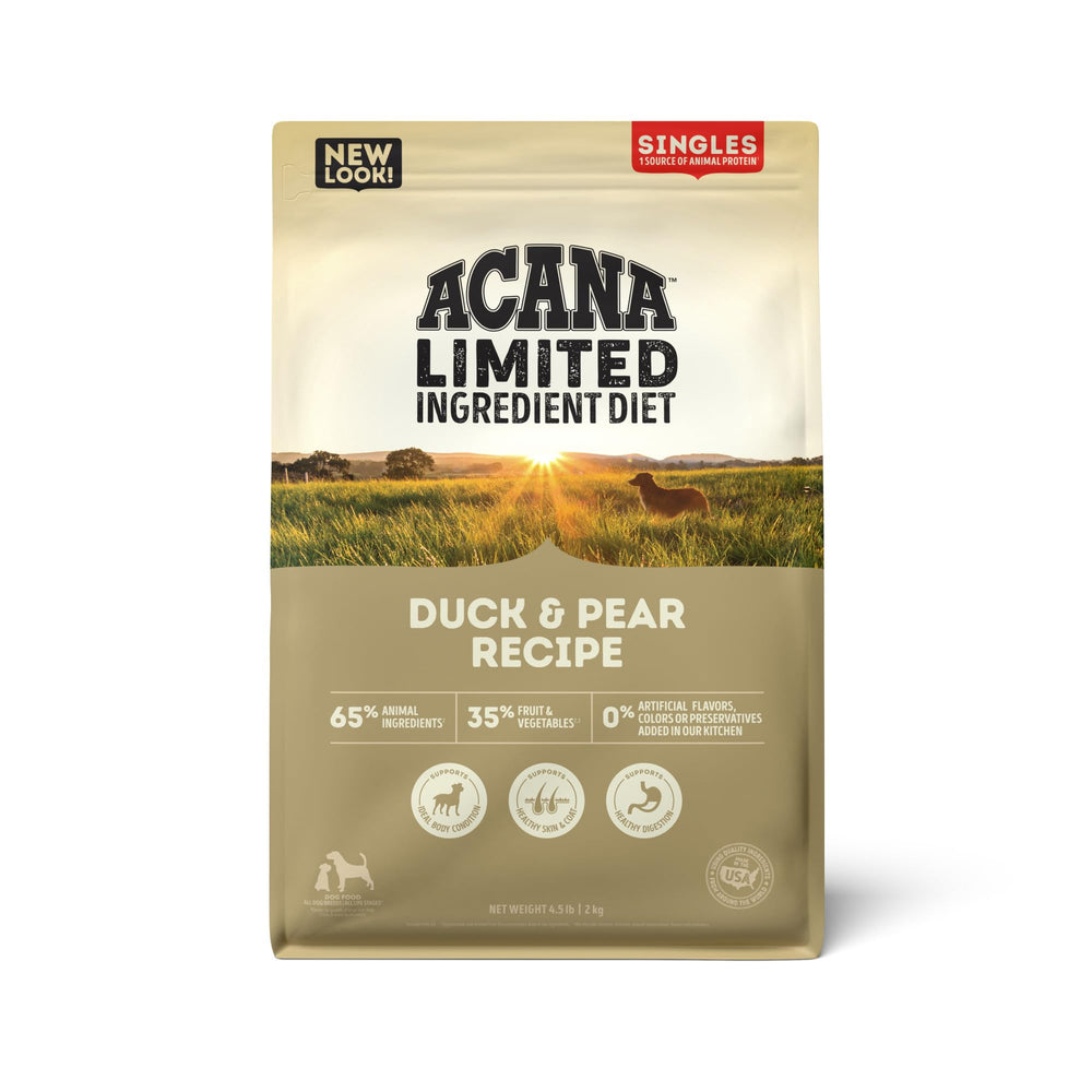 ACANA Singles Duck and Pear dry dog food bag front showing grain-free nutrition