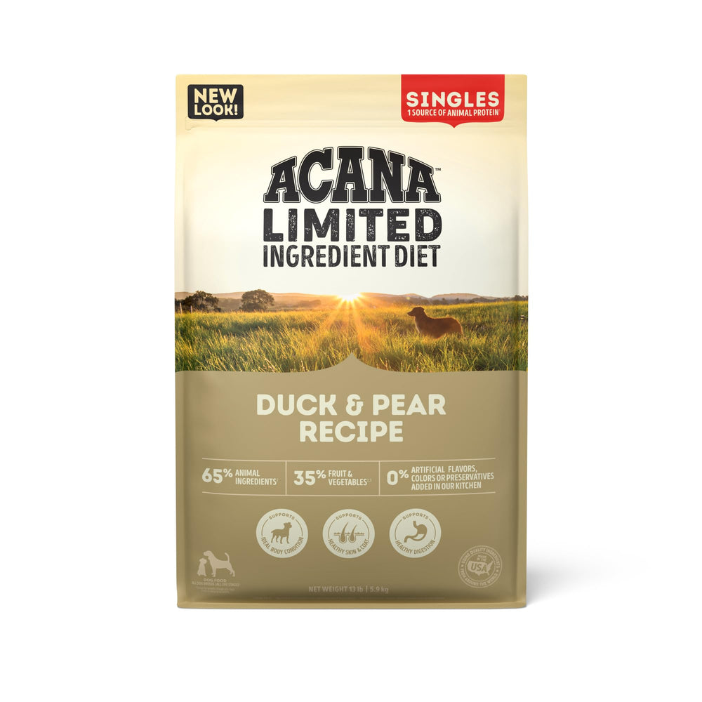 ACANA Singles Duck and Pear dry dog food bag with grain-free formula and protein-rich ingredients