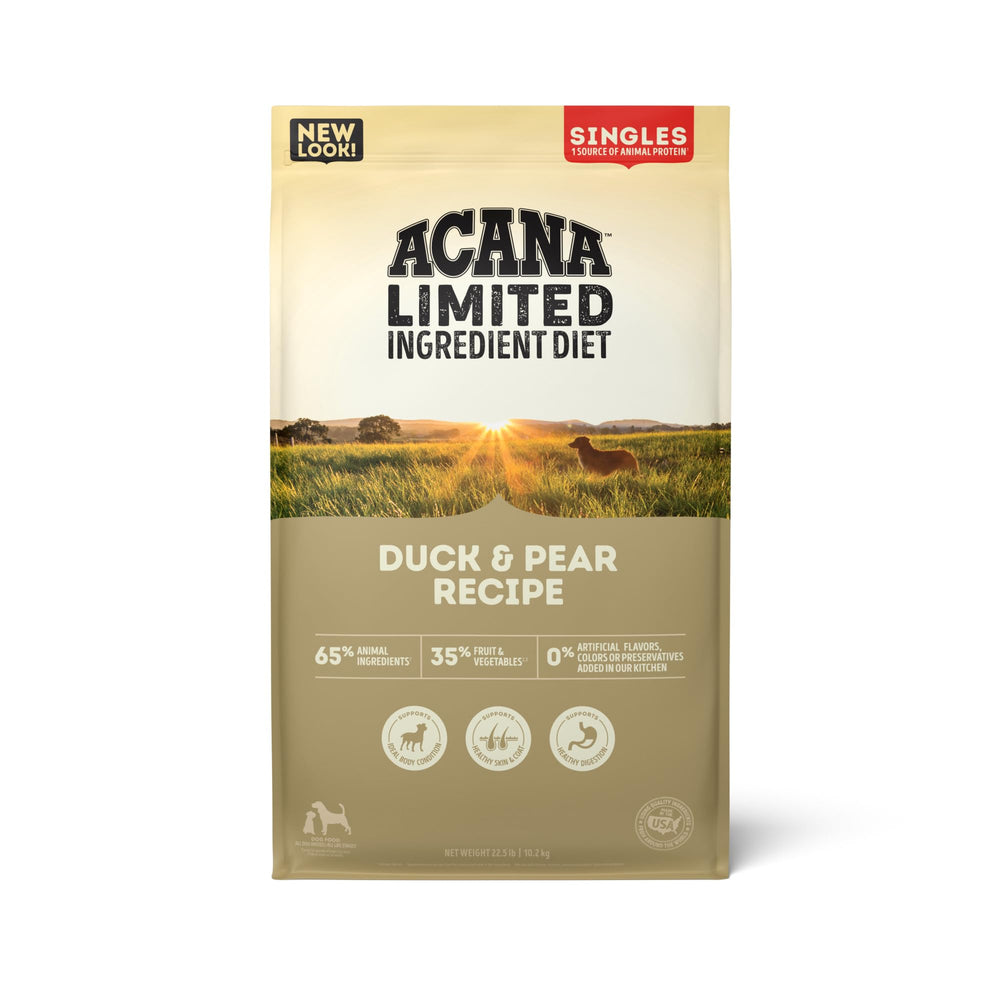 ACANA Singles Duck and Pear dry dog food bag shown for grain-free, high-protein meals.