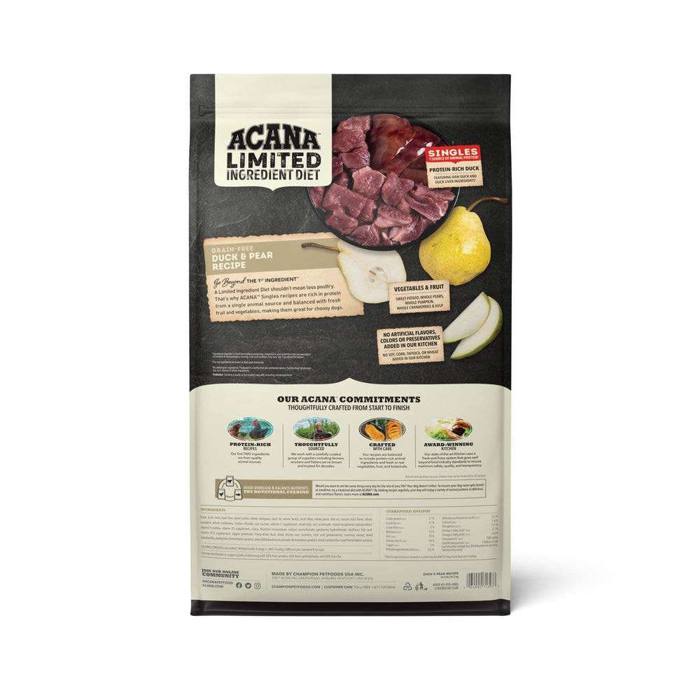ACANA Singles duck-pear-dry-dog-food-kibble-closeup shows grain-free bites for active dogs.
