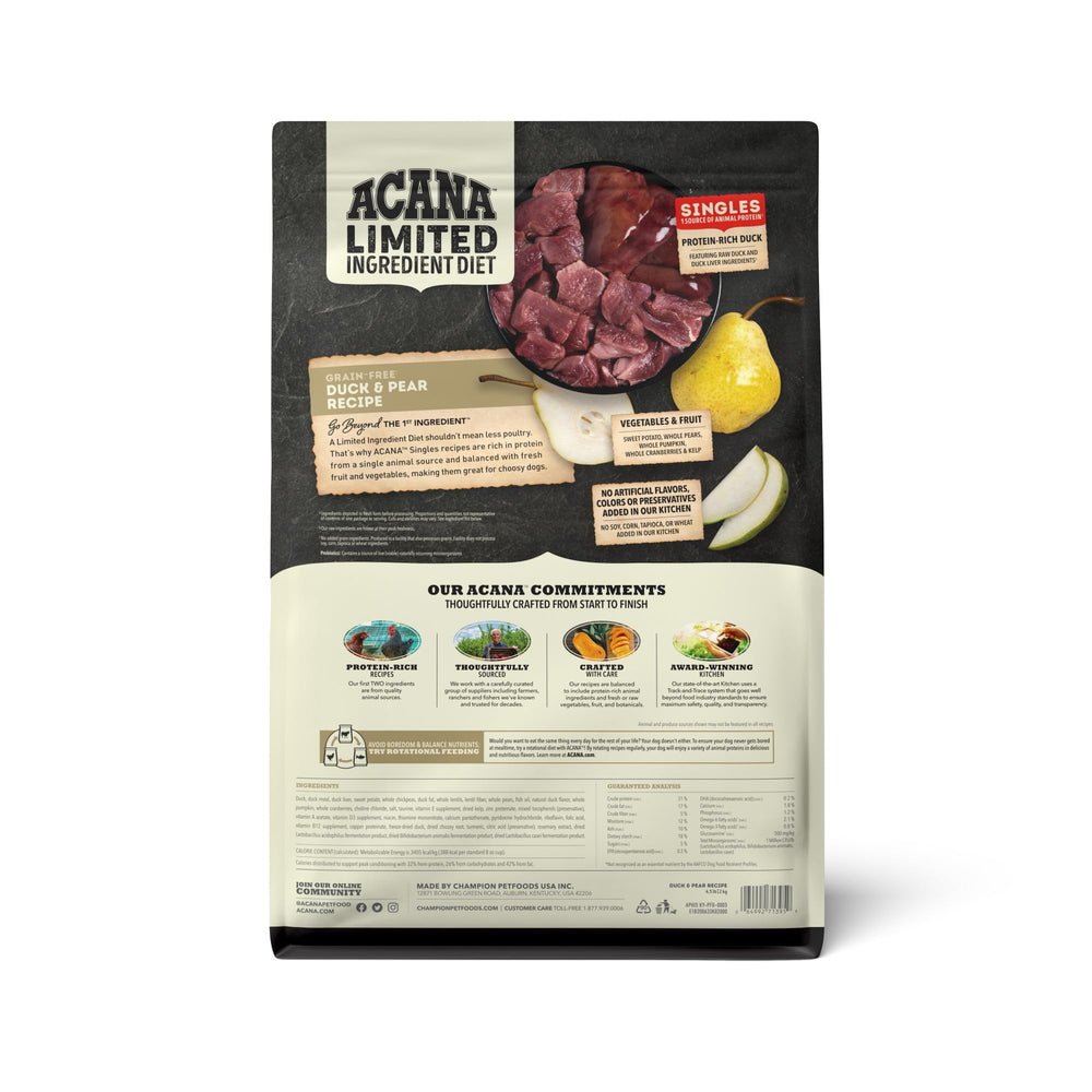 ACANA Singles Duck and Pear kibble close-up with high-protein pieces