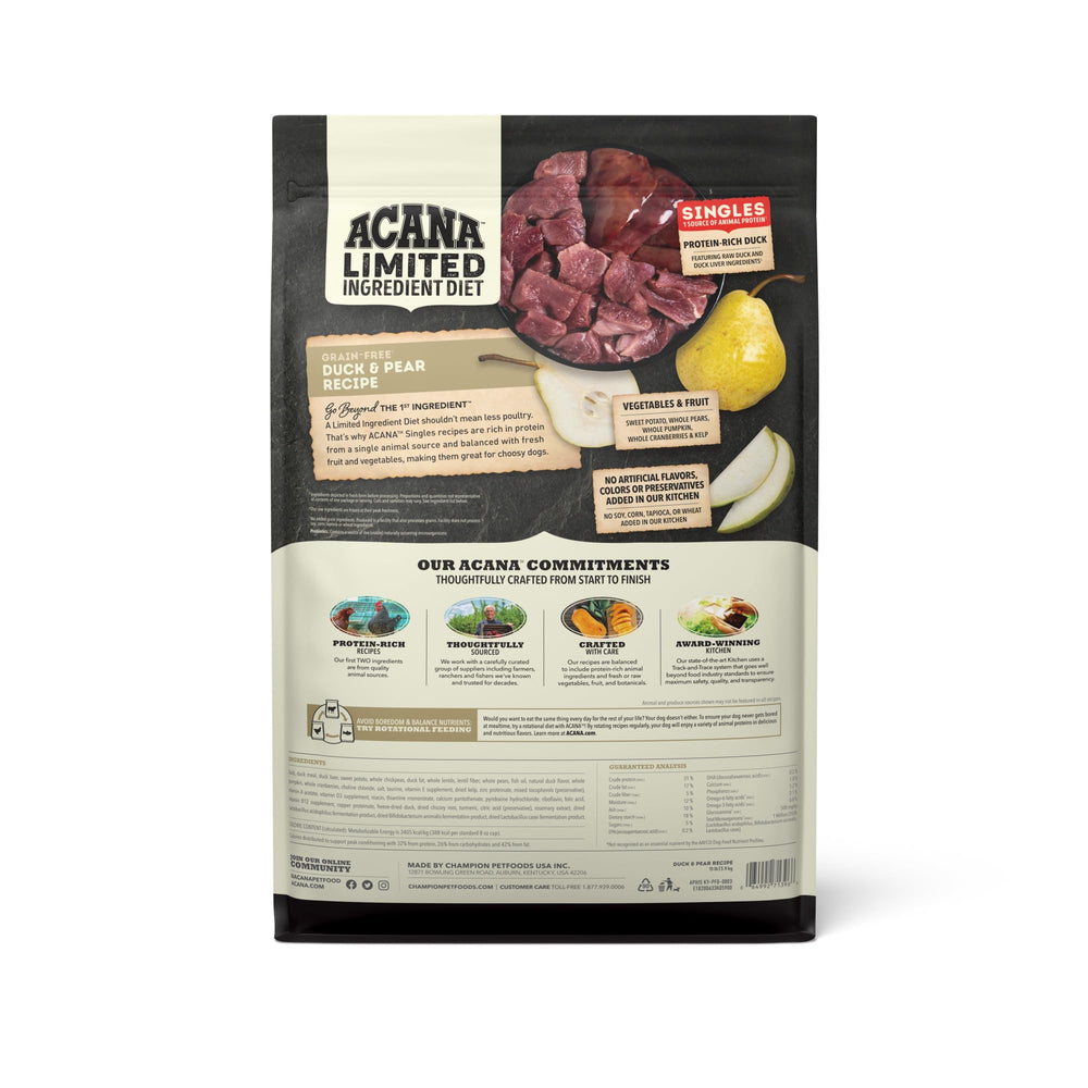 ACANA Singles Duck and Pear kibble closeup highlighting high-protein duck ingredients