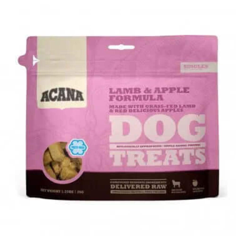 ACANA Singles Lamb & Apple Freeze-Dried Dog Treats bag displaying a simple, high-protein reward ideal for training