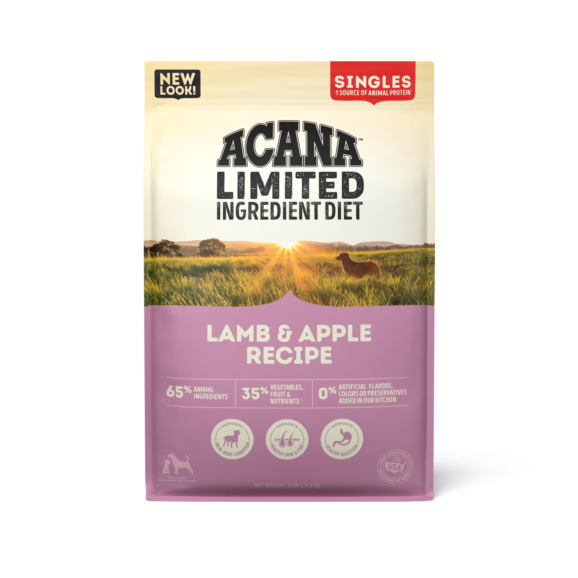 ACANA Singles Lamb & Apple 13 lb bag – grain-free nutrition for sensitive dogs.