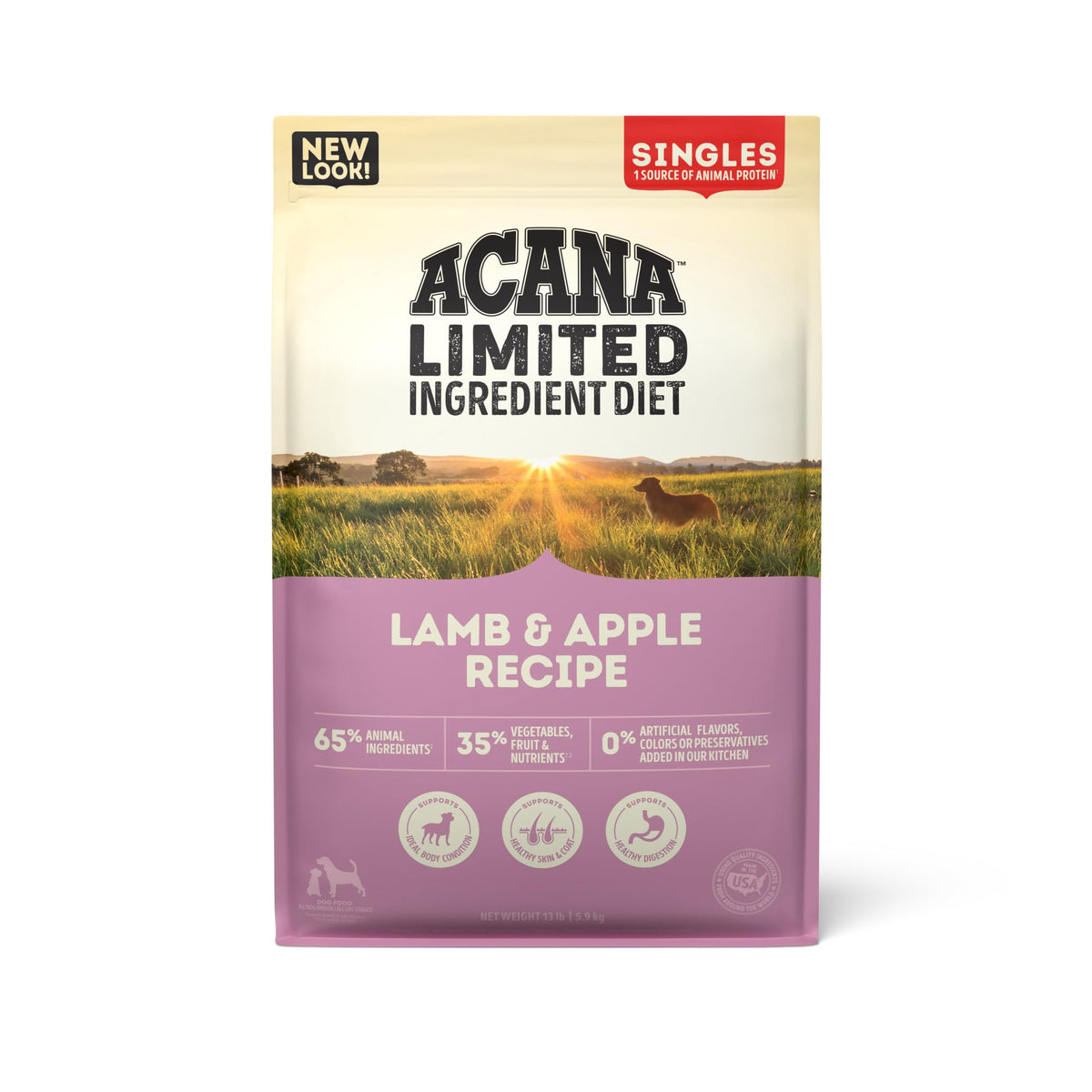 ACANA Singles Lamb & Apple 13 lb bag – grain-free nutrition for sensitive dogs.