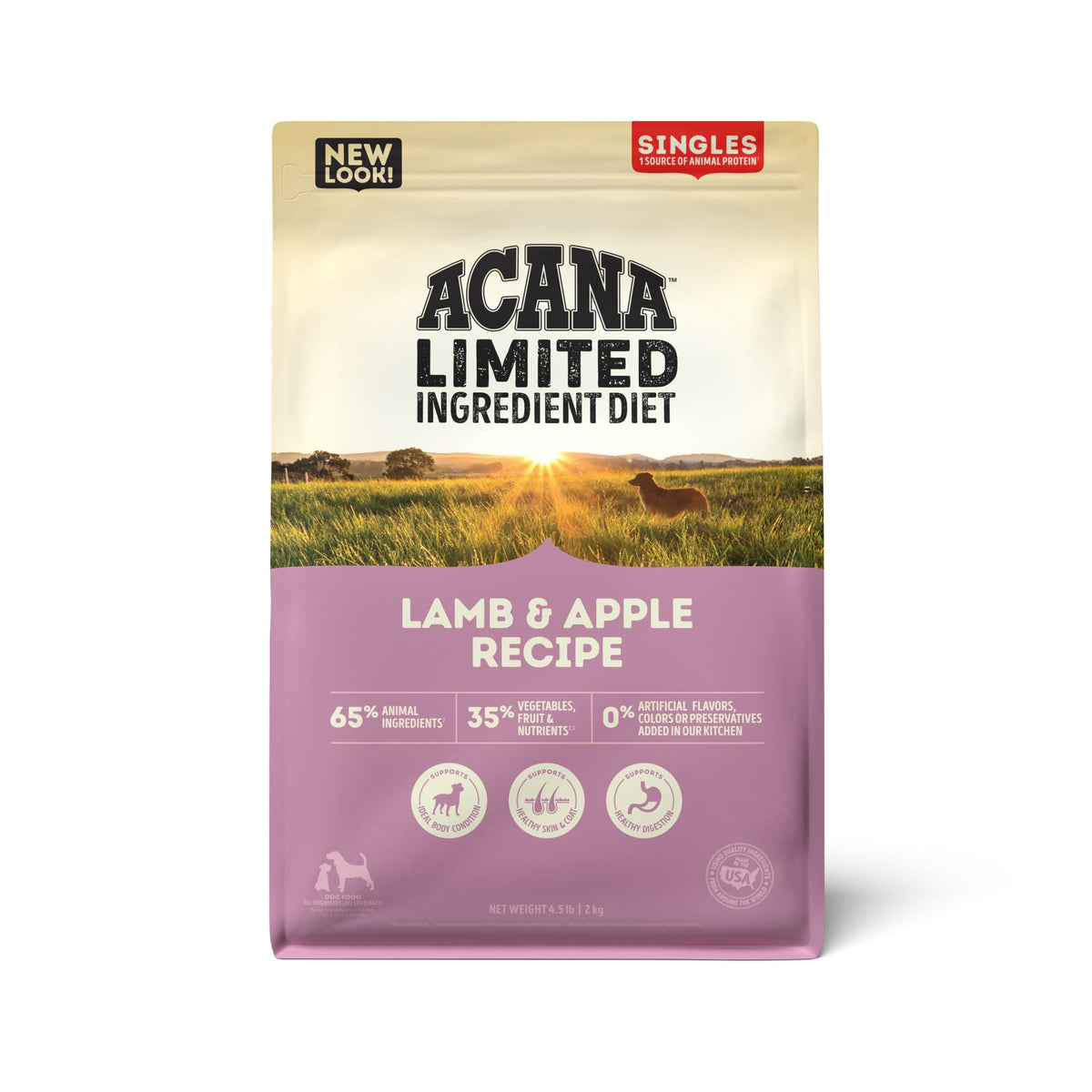 ACANA Singles Lamb and Apple Recipe bag front shows grain-free nutrition dogs enjoy