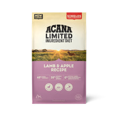 ACANA Singles Lamb & Apple dry dog food bag with grain-free, high-protein nutrition for sensitive dogs