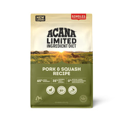 ACANA Singles Pork & Squash front label shows grain free, high protein dog food