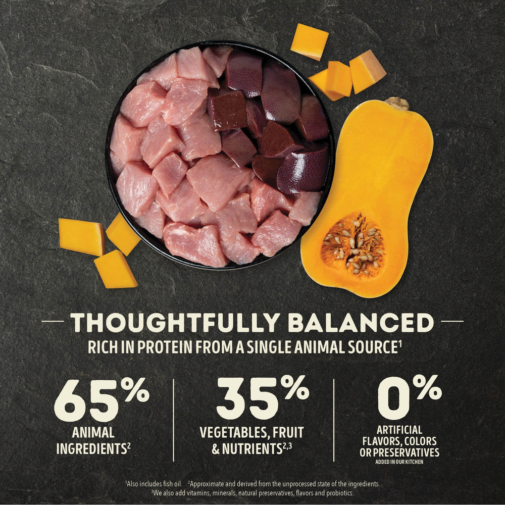 ACANA Singles Pork & Squash ingredients list panel shows pork and liver as main protein