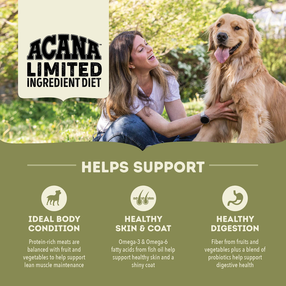 ACANA Singles Pork & Squash kibble close-up emphasizes real pork flavor for picky dogs