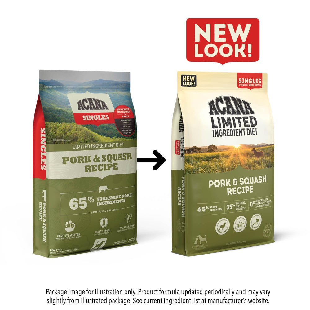 ACANA Singles Pork & Squash packaging close-up reinforces grain-free claim and premium ingredients