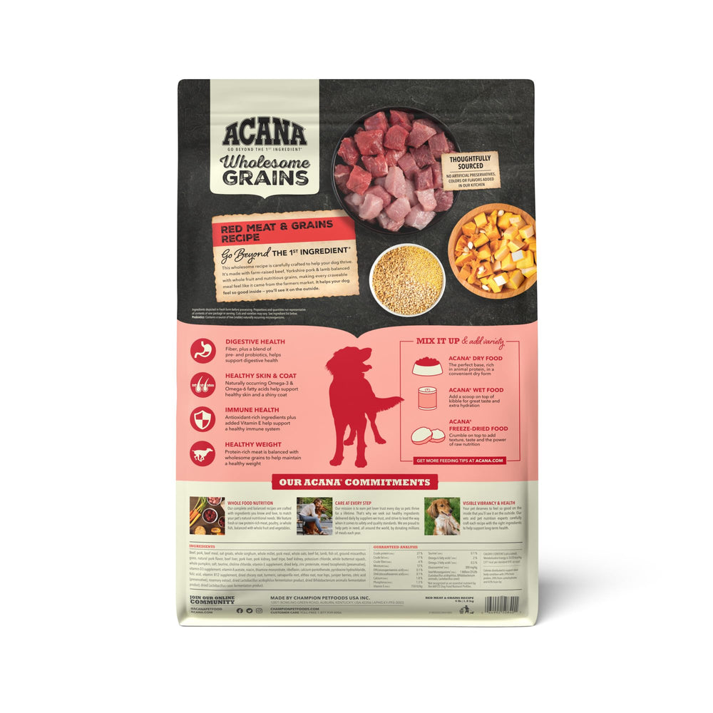 ACANA Red Meat and Grains beef-pork-lamb kibble with grain blend aids digestion.