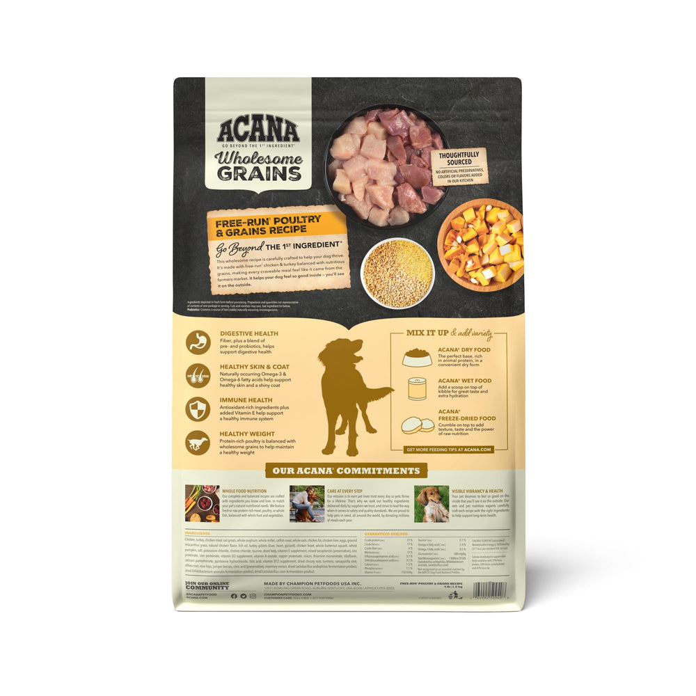 ACANA Wholesome Grains kibble close-up reveals texture and protein-rich bites.