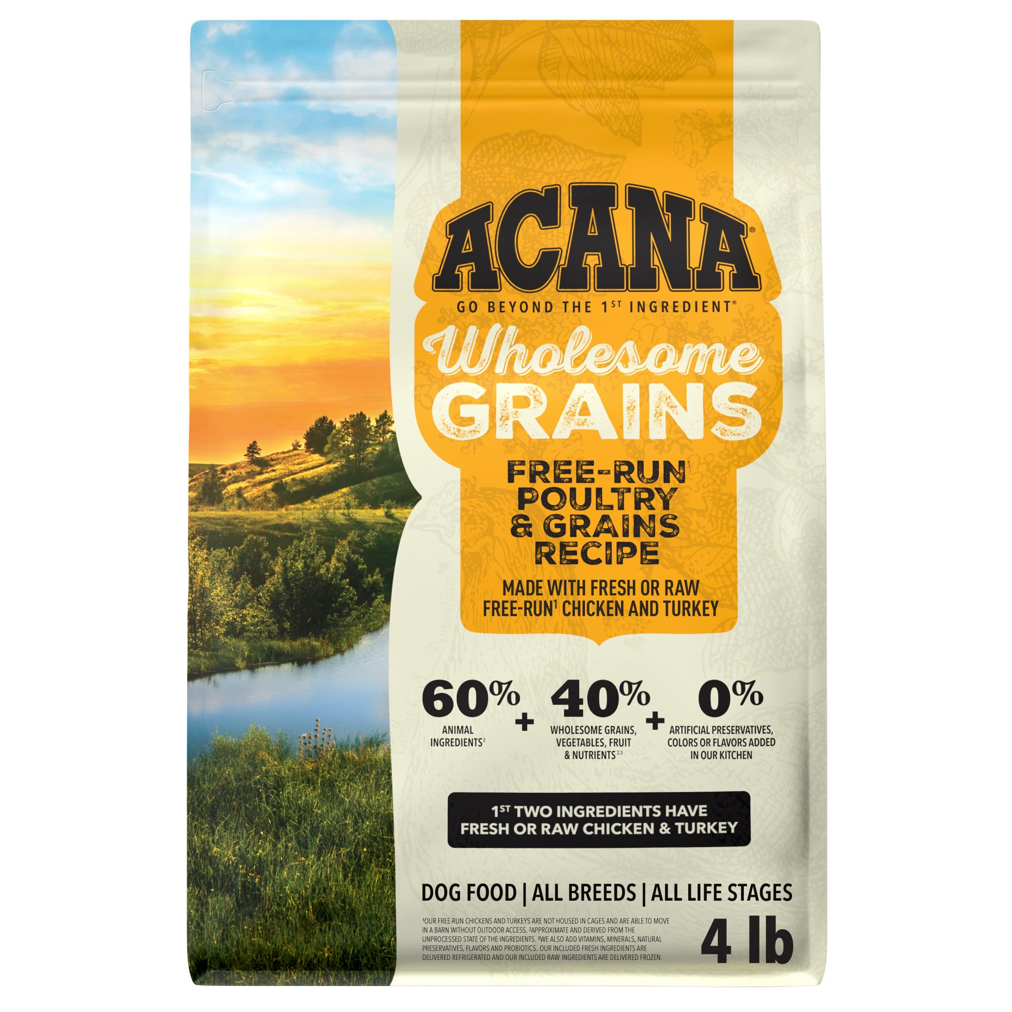 ACANA Wholesome Grains bag front highlights premium ingredients for balanced meals.