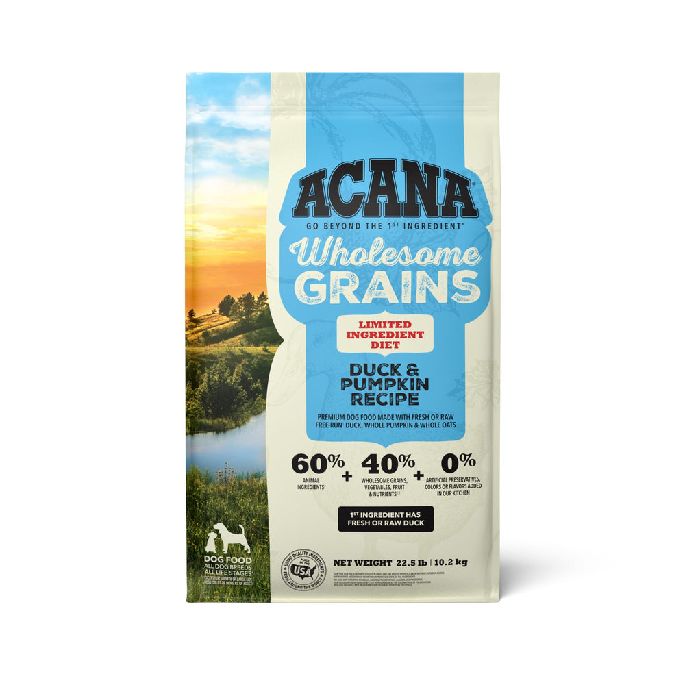 ACANA Wholesome Grains duck pumpkin bag front view for steady feeding.