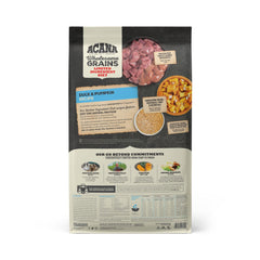 ACANA Wholesome Grains duck pumpkin kibble close-up for picky eaters.
