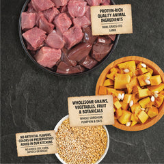 ACANA grain blend mix image spotlights fiber for digestion support.