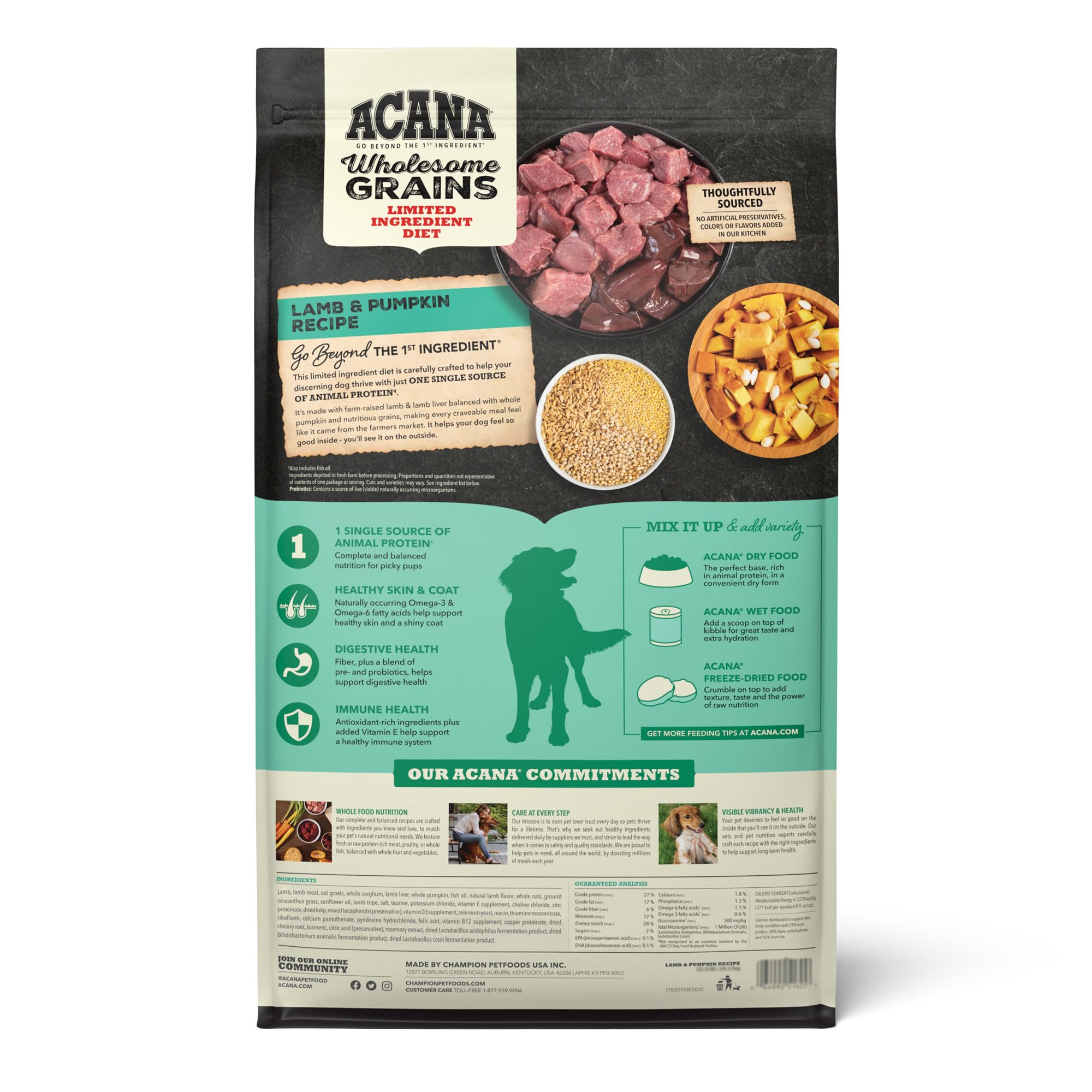 ACANA kibble close-up emphasizes single-protein lamb formula for picky dogs.