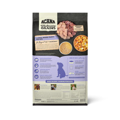 ACANA kibble in bowl highlights protein-rich meal for large breed puppies.