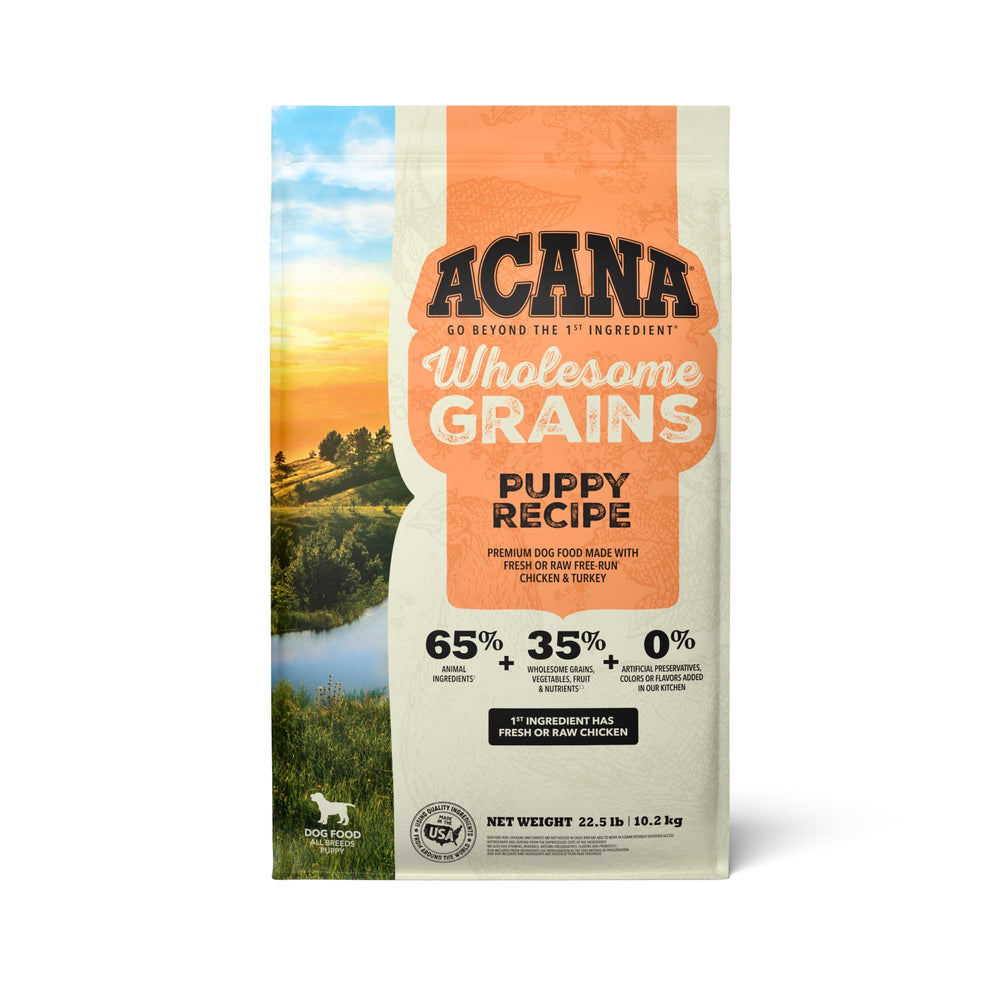 ACANA Wholesome Grains Puppy bag front with real chicken, eggs and turkey.