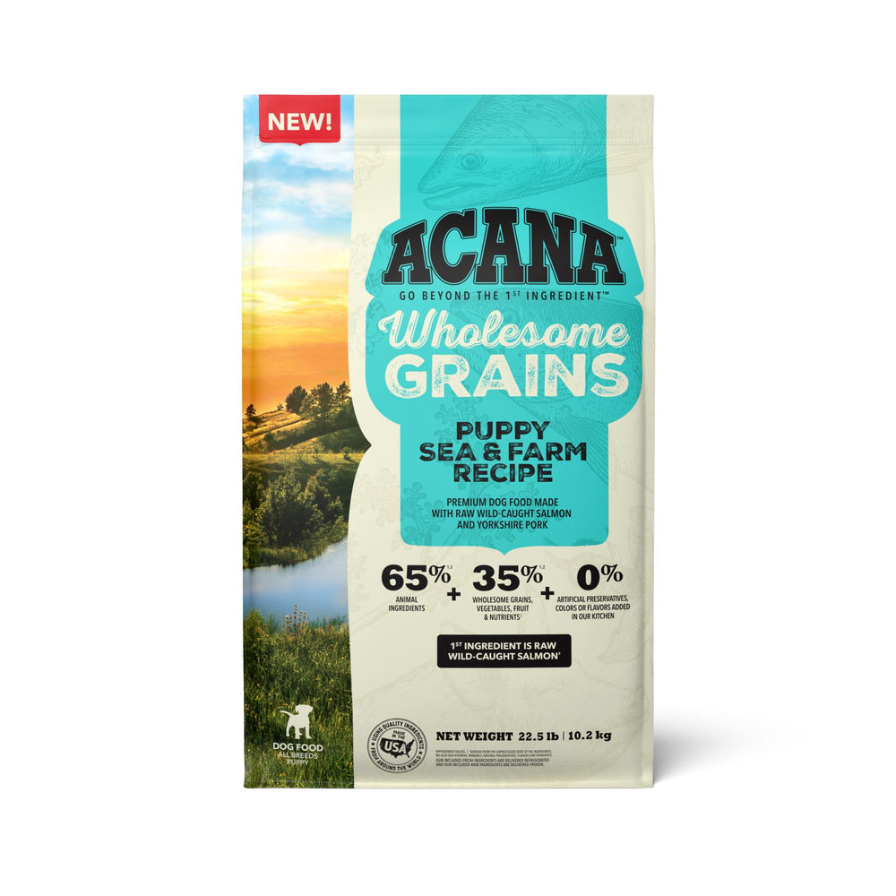 ACANA Wholesome Grains Puppy Sea & Farm kibble closeup for energy-rich meals.