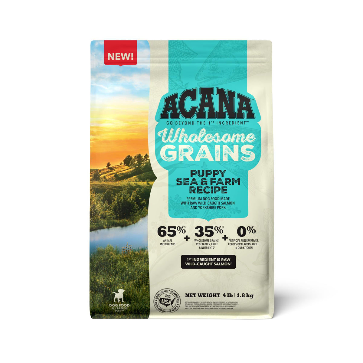 ACANA Wholesome Grains Puppy kibble close-up with salmon and pork for growing puppies.