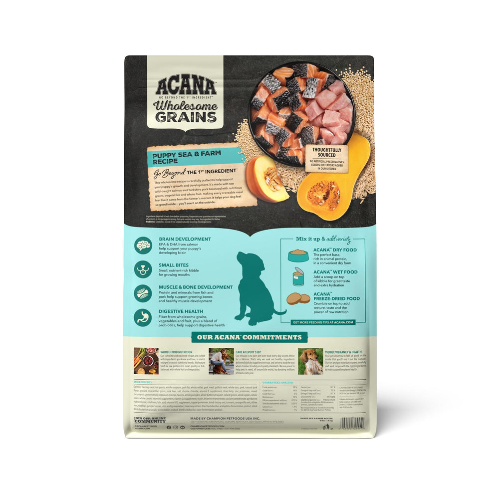 ACANA Wholesome Grains Puppy sea & farm ingredients in a bowl highlighting protein-rich, poultry-free nutrition.